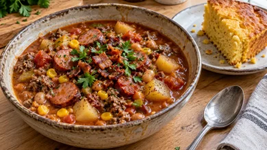 Bowl of kielbasa ground beef stew with beans, potatoes and corn, topped with parsley and served with cornbread