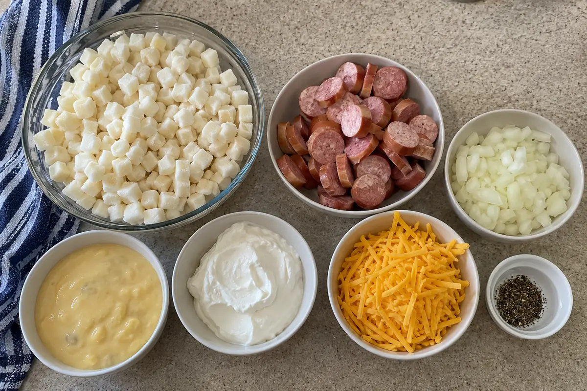 Ingredients for crockpot kielbasa and hash brown casserole: hash browns, kielbasa, cheddar, cream of chicken soup, sour cream, onion and black pepper
