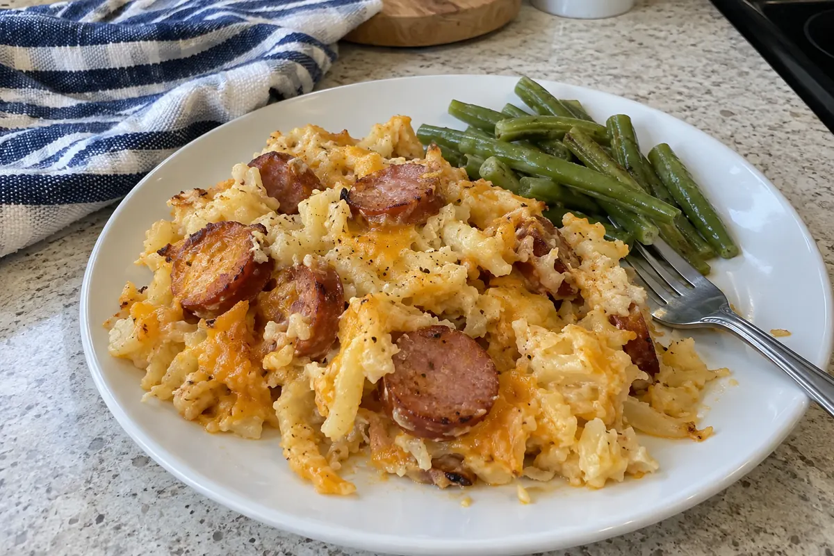 A serving of creamy crockpot kielbasa and hash brown casserole on a plate