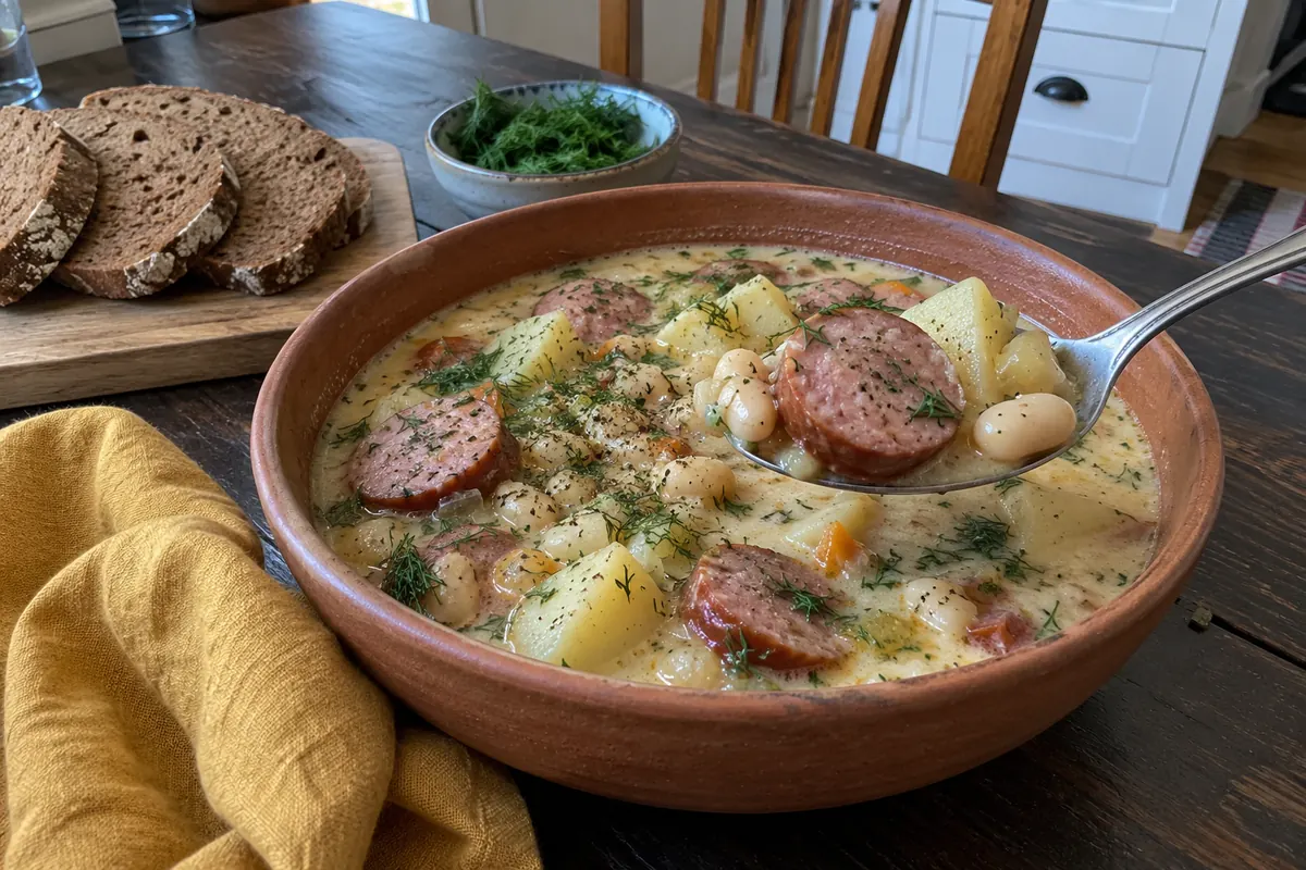 Bowl of kielbasa potato soup with sliced sausage, potatoes, white beans and dill