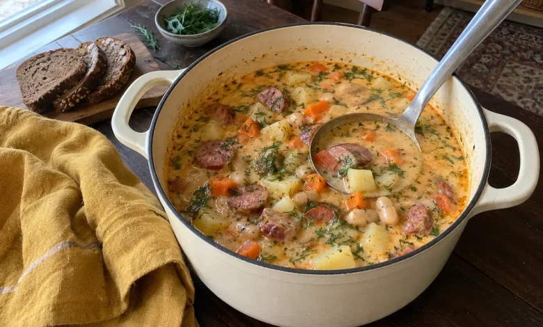 Creamy kielbasa potato soup with cannellini beans, carrots and fresh dill in a Dutch oven