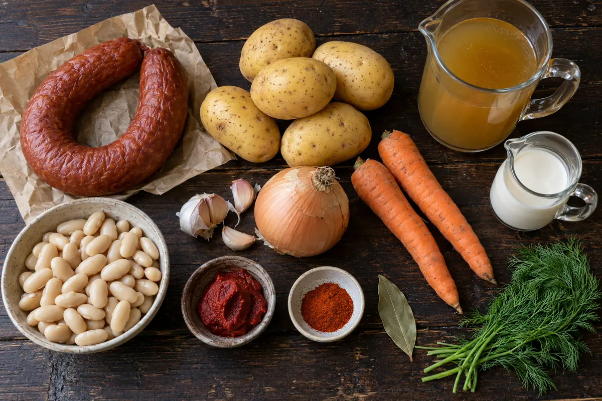 Ingredients for kielbasa potato soup: kielbasa, potatoes, cannellini beans, carrots, onion, garlic, cream and dill