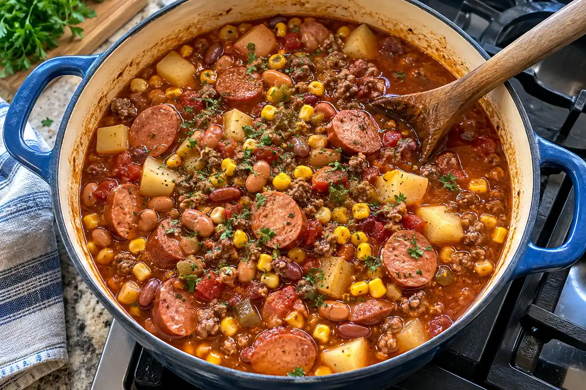 Dutch oven full of hearty kielbasa ground beef stew with beans, corn and potatoes seen from above