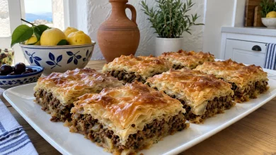 Kimadopita squares of Greek ground beef phyllo pie on a ceramic platter in a bright white kitchen