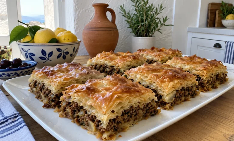 Kimadopita squares of Greek ground beef phyllo pie on a ceramic platter in a bright white kitchen