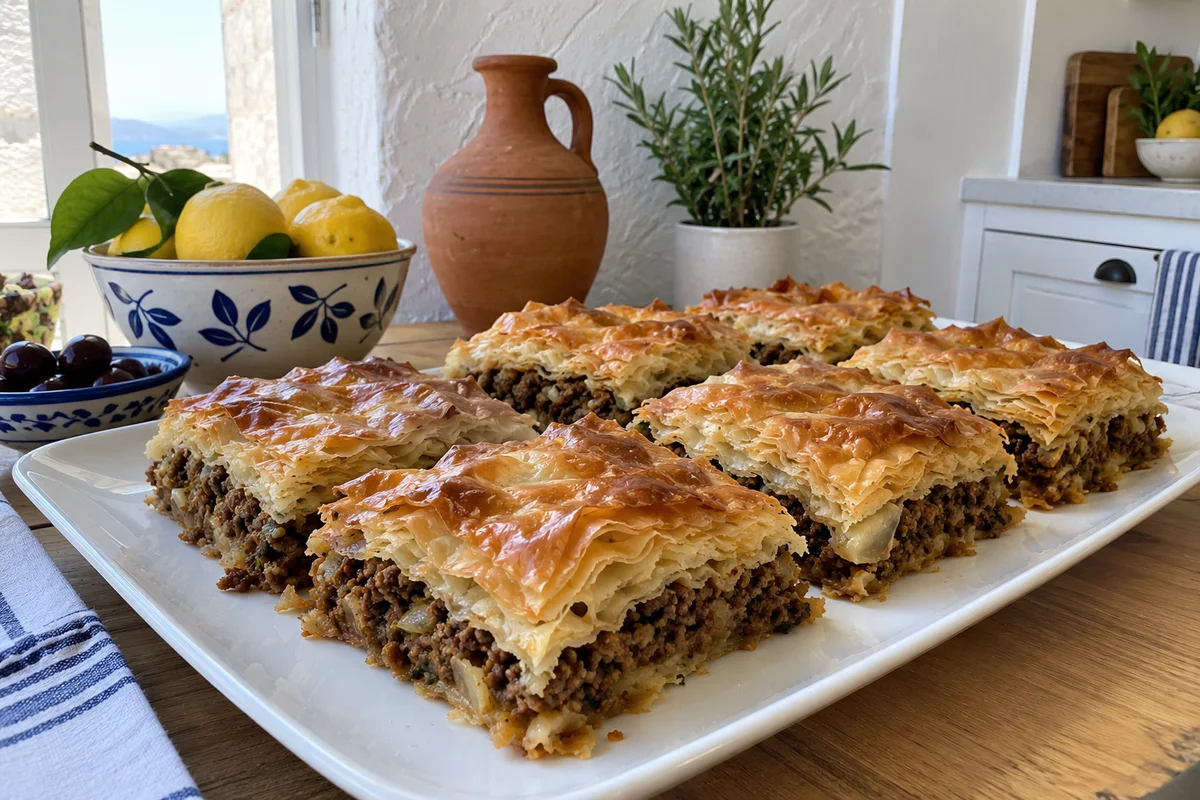 Kimadopita squares of Greek ground beef phyllo pie on a ceramic platter in a bright white kitchen