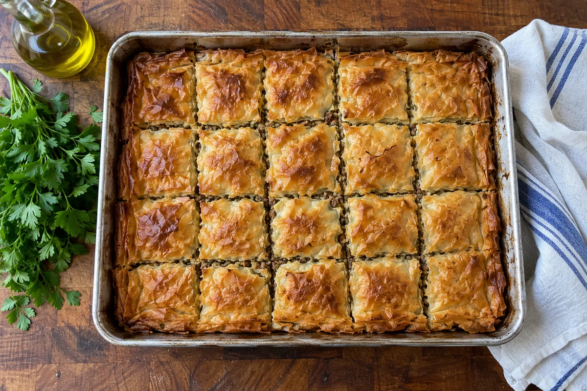 Golden scored kimadopita in a metal baking pan on a wooden counter with olive oil and parsley