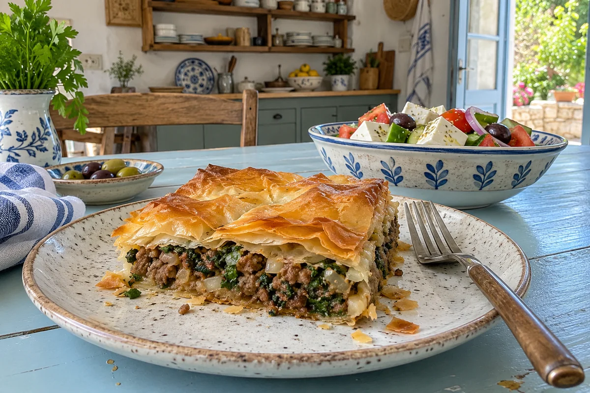 Cut square of kimadopita showing the spiced beef filling between crisp phyllo layers on a plate