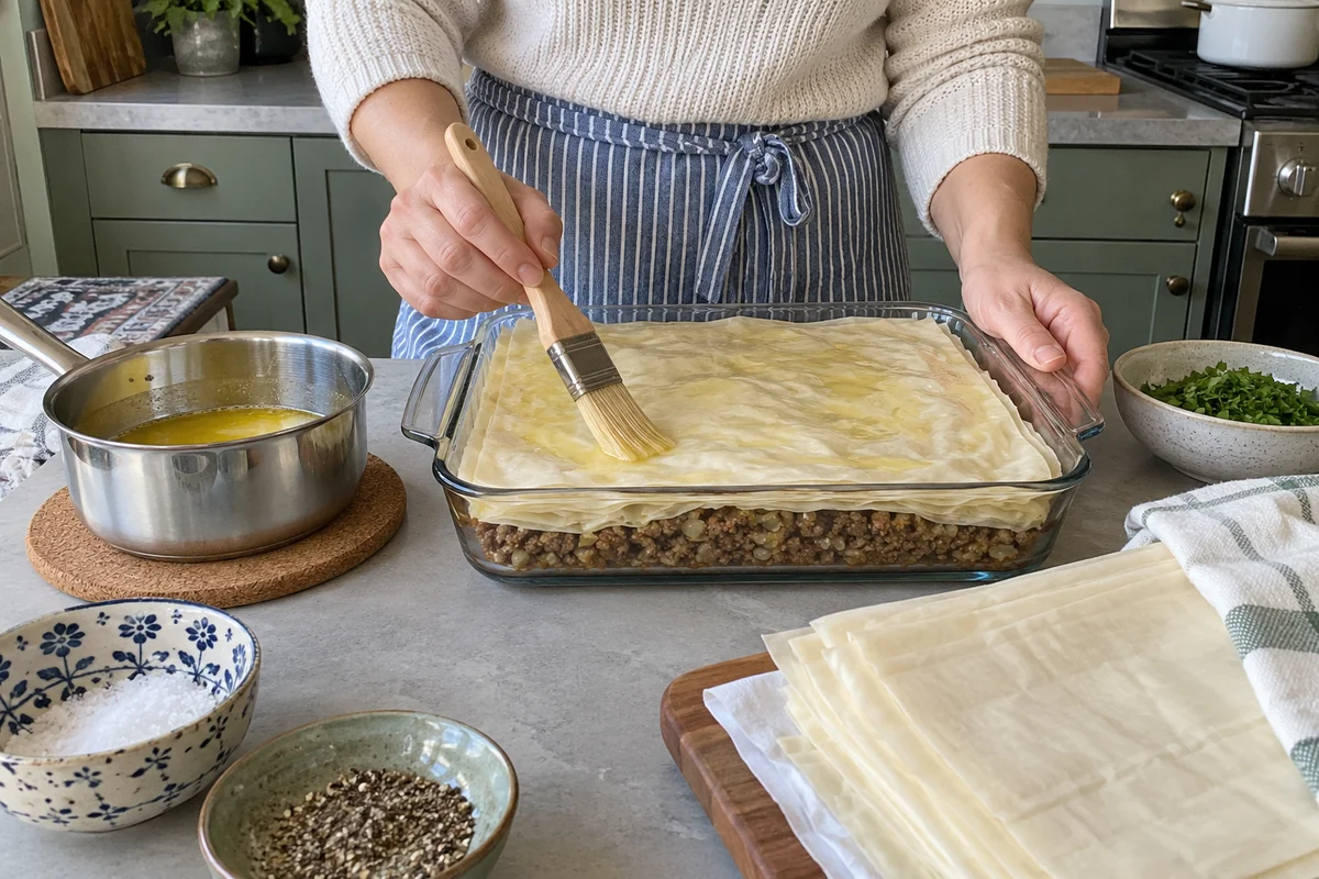 Brushing melted butter over phyllo sheets layered over ground beef filling in a baking pan