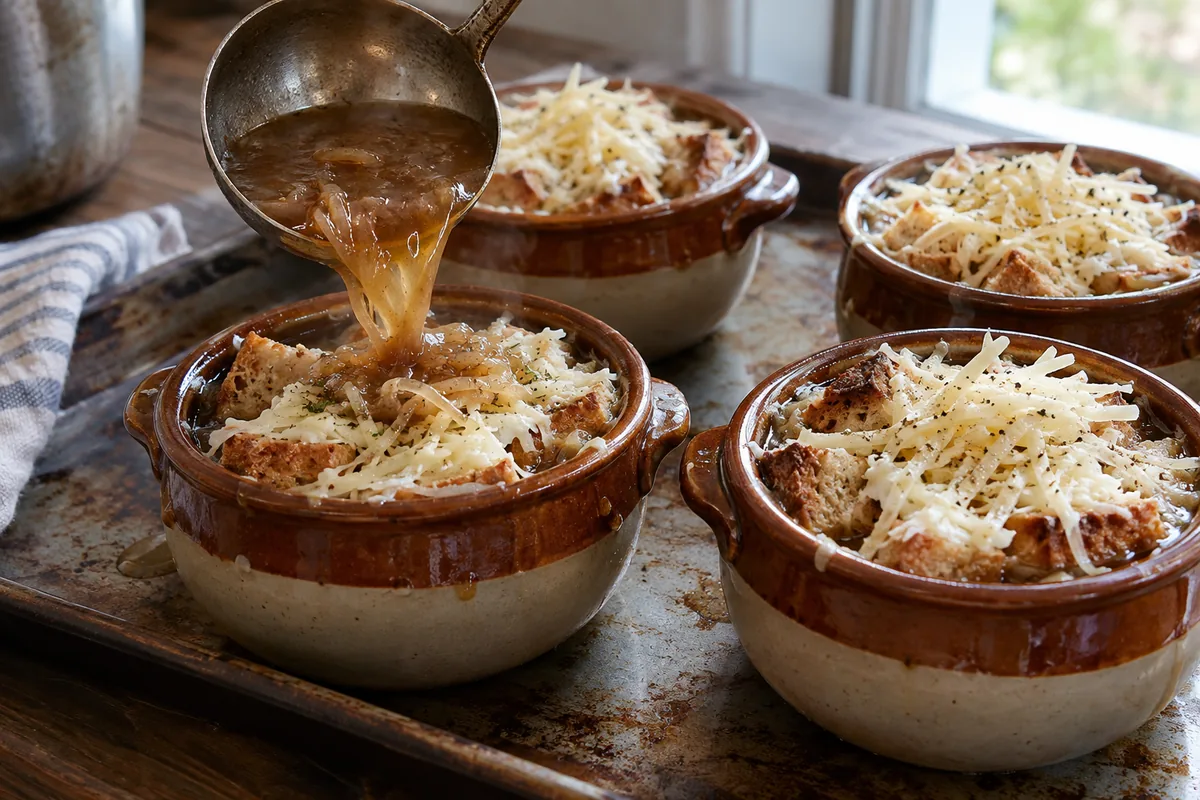 Ladle pouring French onion soup into an oven-safe bowl topped with croutons and shredded cheese before broiling