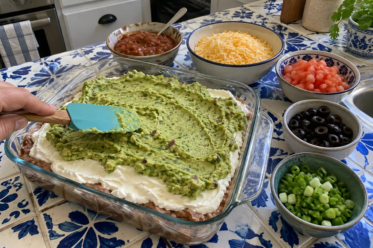 Spreading guacamole over the sour cream layer while making 7 layer dip