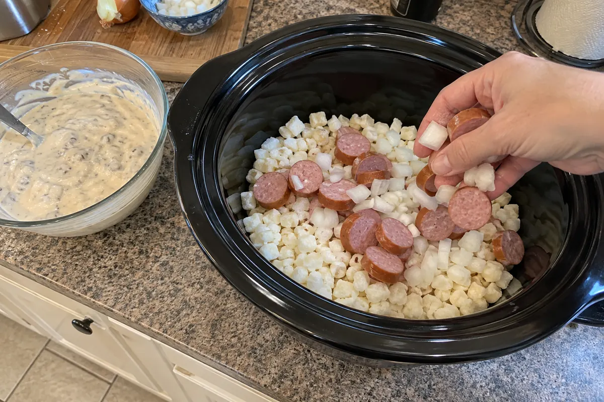 Layering kielbasa and onion over frozen hash browns in a slow cooker