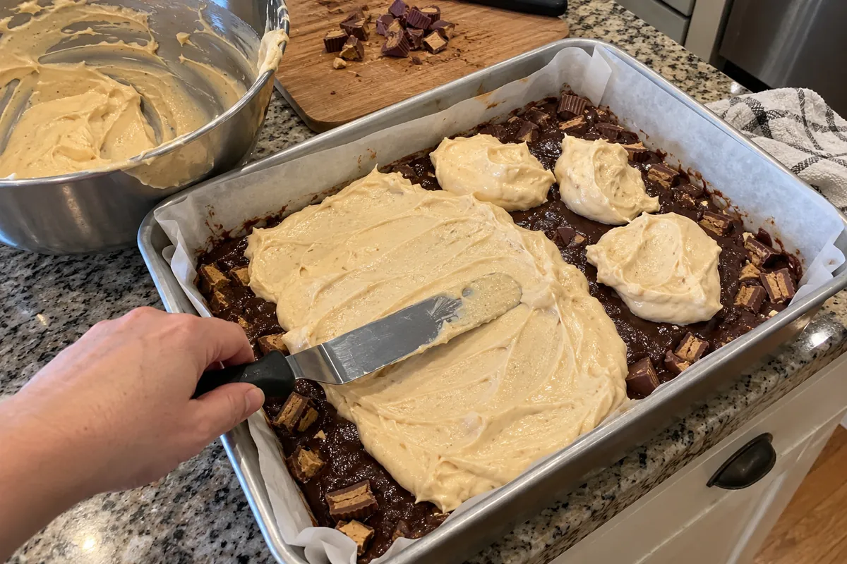 Spreading peanut butter cheesecake batter over the brownie layer with an offset spatula