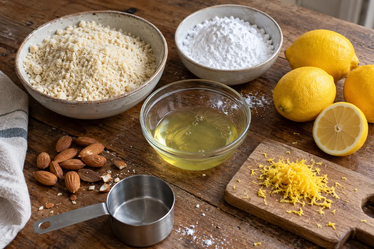 Ingredients for lemon almond cookies laid out on a table: almond flour, powdered sugar, egg whites, fresh lemons and whole almonds