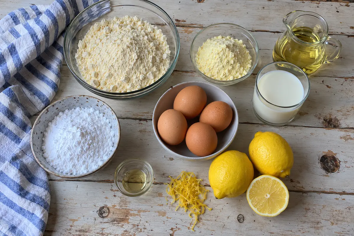 Ingredients for the ultimate lemon cake: yellow cake mix, lemon pudding mix, vegetable oil, milk, eggs, lemon extract, powdered sugar and fresh lemons