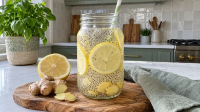 Lemon ginger chia water in a glass jar with lemon slices and fresh ginger on a kitchen counter