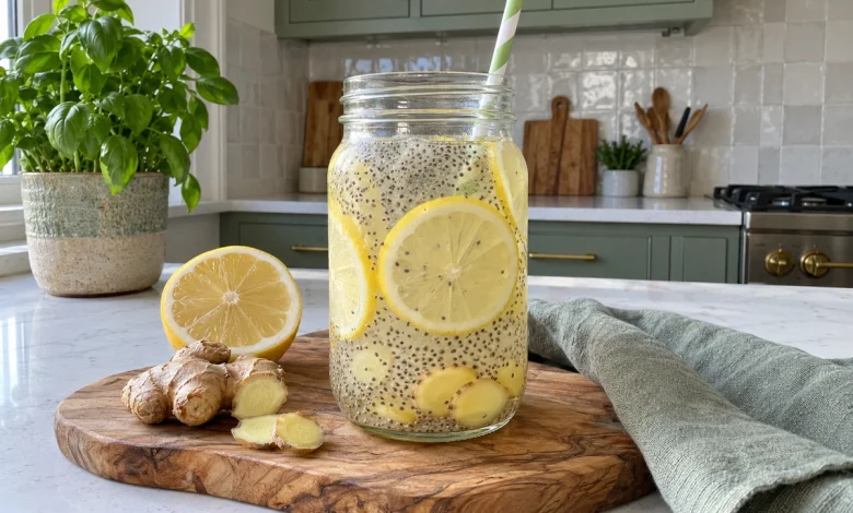 Lemon ginger chia water in a glass jar with lemon slices and fresh ginger on a kitchen counter