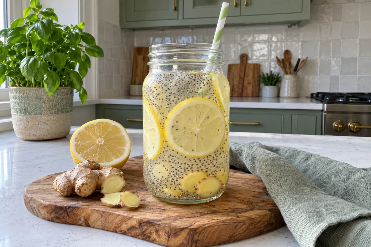 Lemon ginger chia water in a glass jar with lemon slices and fresh ginger on a kitchen counter