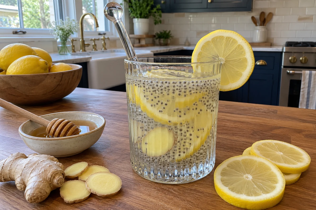 Close-up of a glass of lemon ginger chia water with soaked chia seeds and a lemon wheel