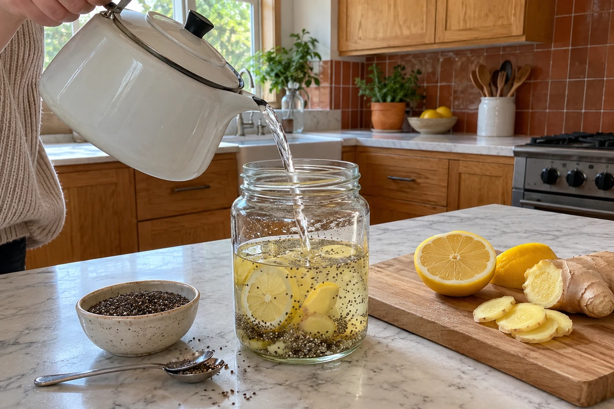 Pouring warm water from a kettle over chia seeds, lemon slices and ginger in a glass jar
