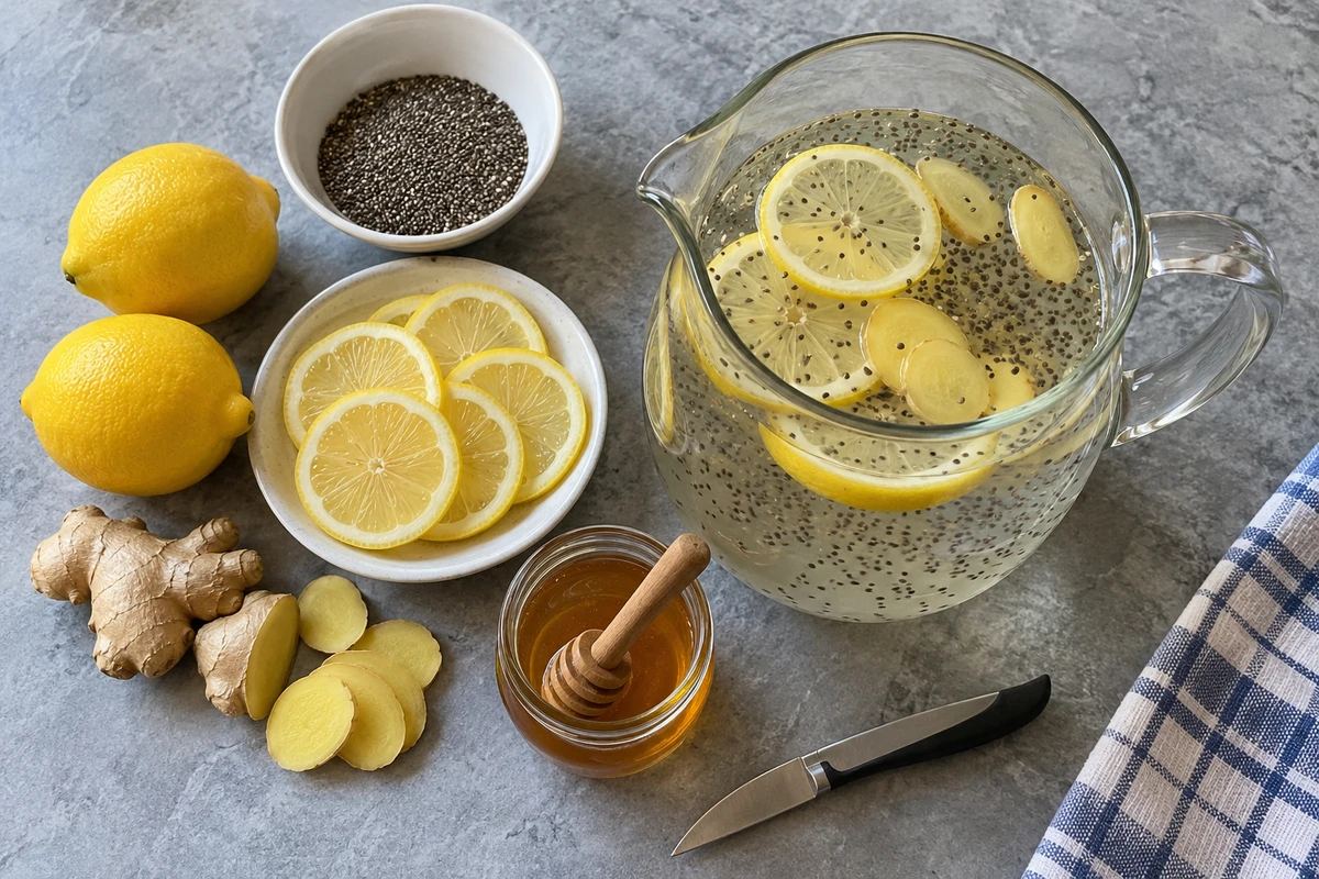 Overhead view of lemon ginger chia water ingredients with chia seeds, lemons, fresh ginger and honey in small bowls