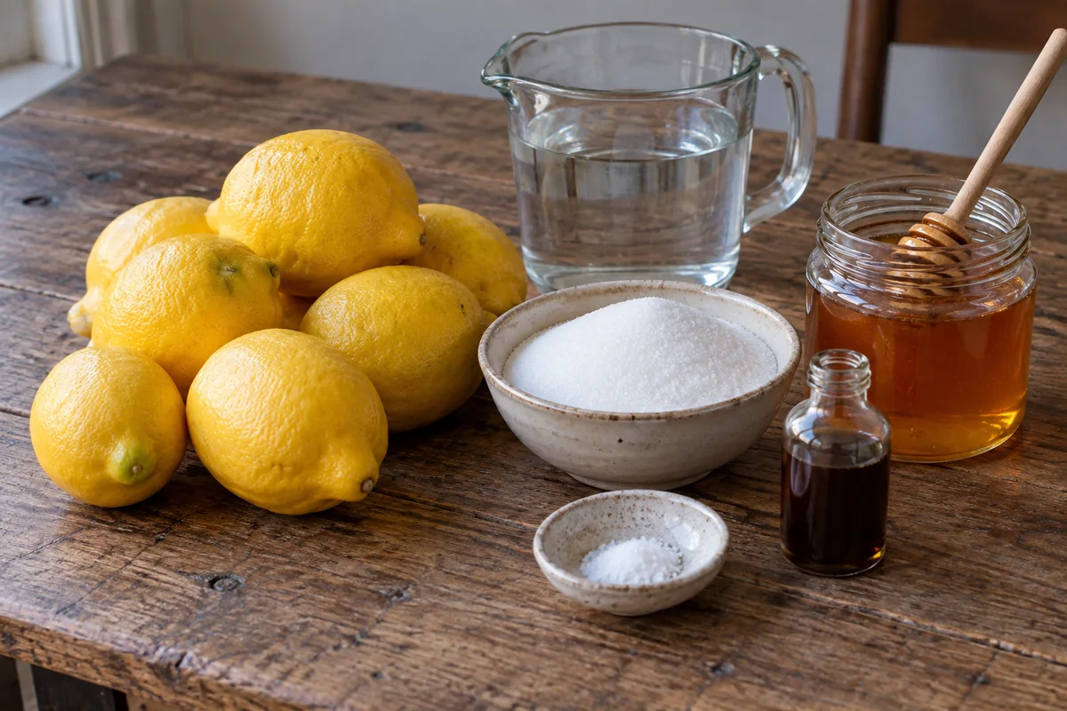 Ingredients for lemon honey marmalade laid out on a wooden table: lemons, sugar, honey jar and vanilla