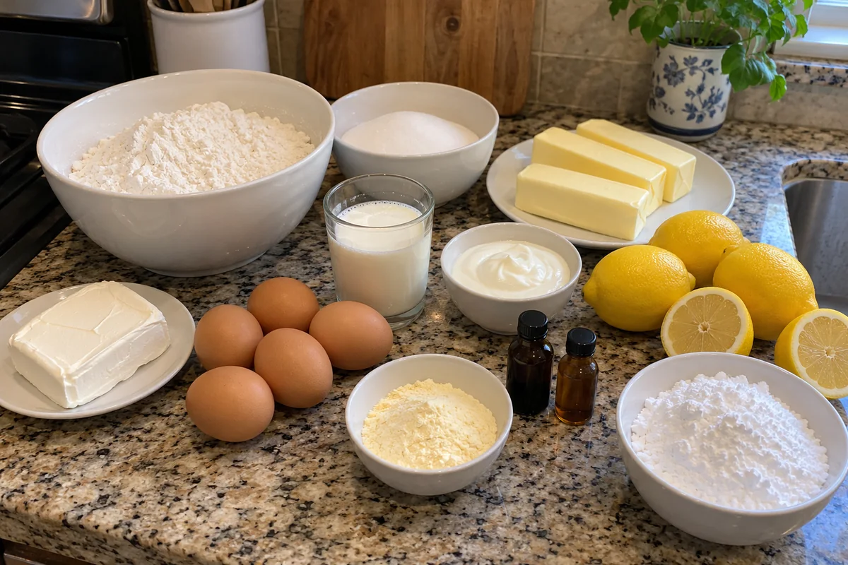 Ingredients for lemon mile high pound cake in plain bowls: flour, sugar, butter, cream cheese, eggs, buttermilk, sour cream and lemons