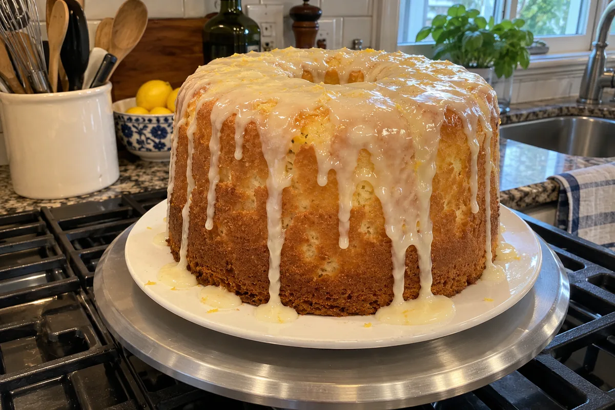 Tall lemon mile high pound cake with thick white lemon glaze dripping down the sides on a cake stand in a home kitchen