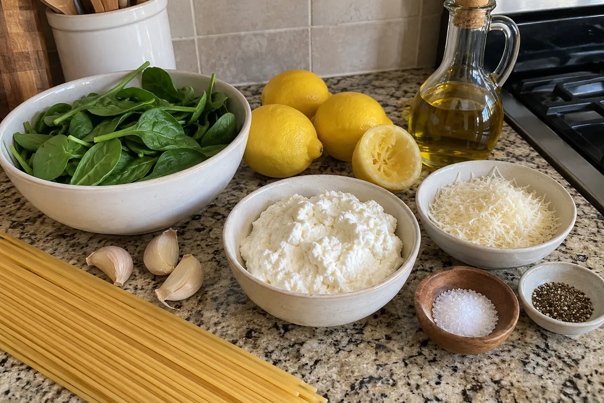 Ingredients for lemon ricotta pasta: ricotta, Parmesan, lemons, garlic, baby spinach, dry spaghetti and olive oil