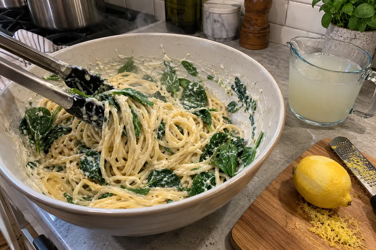 Tossing spaghetti and baby spinach with lemon ricotta sauce in a large bowl