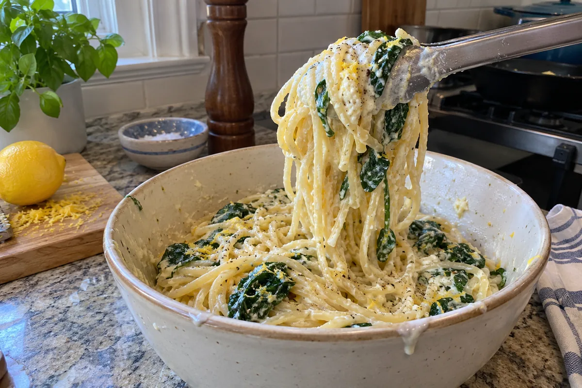 Tongs lifting a twirl of creamy lemon ricotta spaghetti with spinach