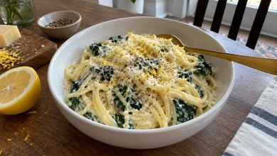 White bowl of creamy lemon ricotta pasta with wilted baby spinach, lemon zest and cracked pepper on a home table