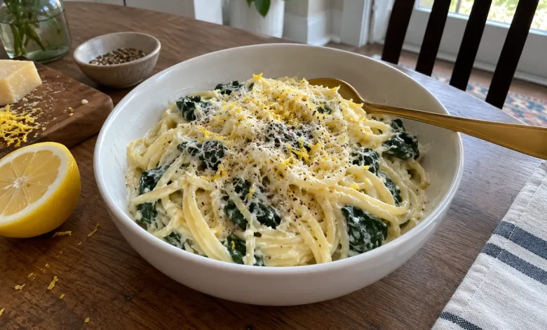 White bowl of creamy lemon ricotta pasta with wilted baby spinach, lemon zest and cracked pepper on a home table