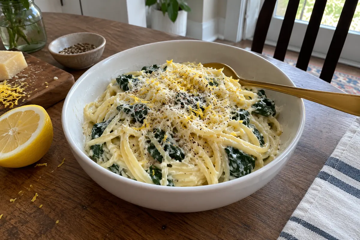 White bowl of creamy lemon ricotta pasta with wilted baby spinach, lemon zest and cracked pepper on a home table