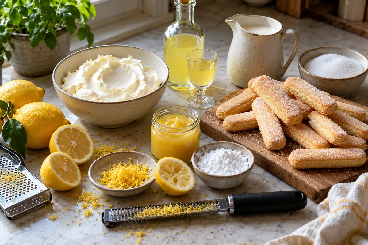 Ingredients for lemon tiramisu laid out on a counter: mascarpone, lemons, limoncello, ladyfingers, heavy cream and sugar