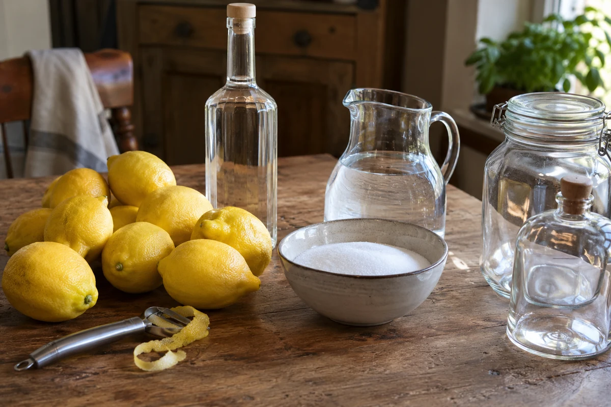 Ingredients for homemade limoncello laid out on a table: unwaxed lemons, clear spirit, sugar in a bowl, a jug of water and a vegetable peeler