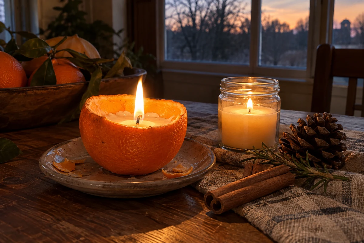 A lit orange-peel candle glowing softly beside a jar candle in a cozy evening setting