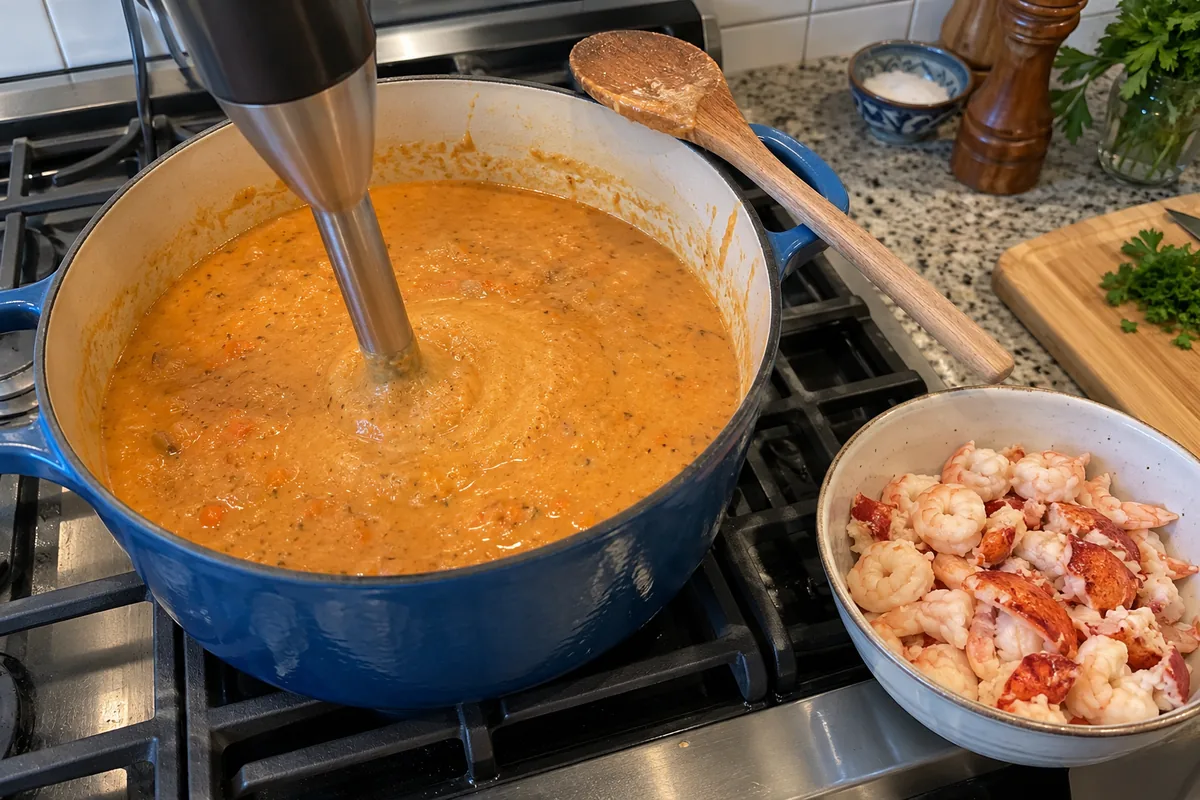 Blending the creamy seafood bisque in the pot with an immersion blender