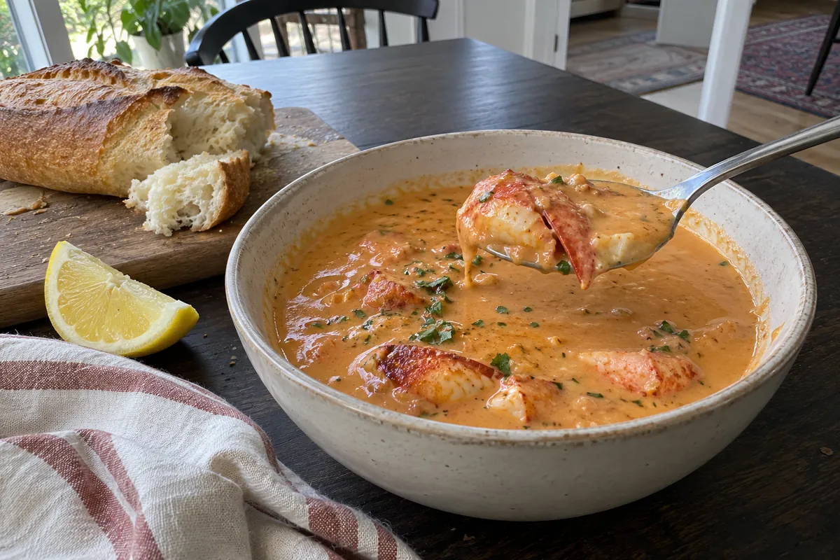 A spoonful of velvety lobster and shrimp bisque with a tender piece of lobster