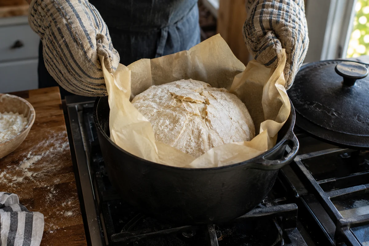 Round bread dough on parchment being lowered into a hot Dutch oven