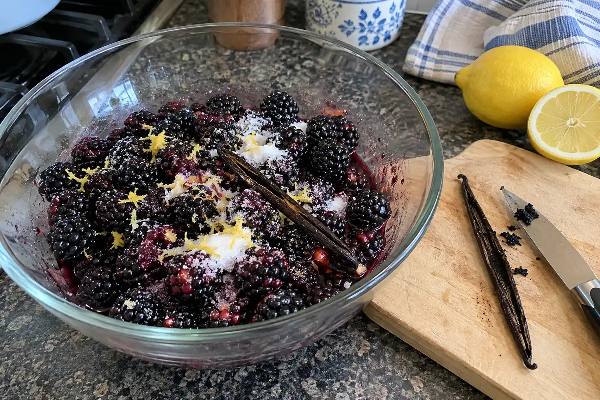 Blackberries macerating with sugar, lemon and vanilla bean seeds in a bowl