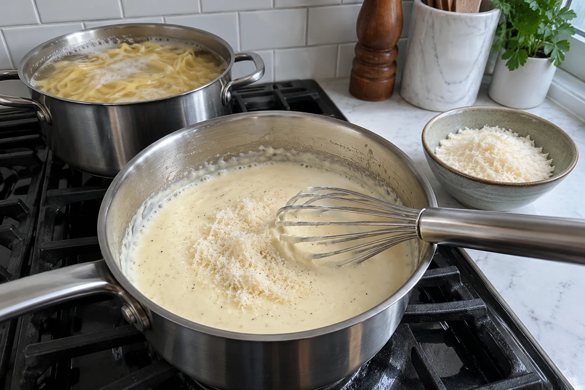 Whisking parmesan into simmering cream cheese alfredo sauce in a saucepan on the stovetop