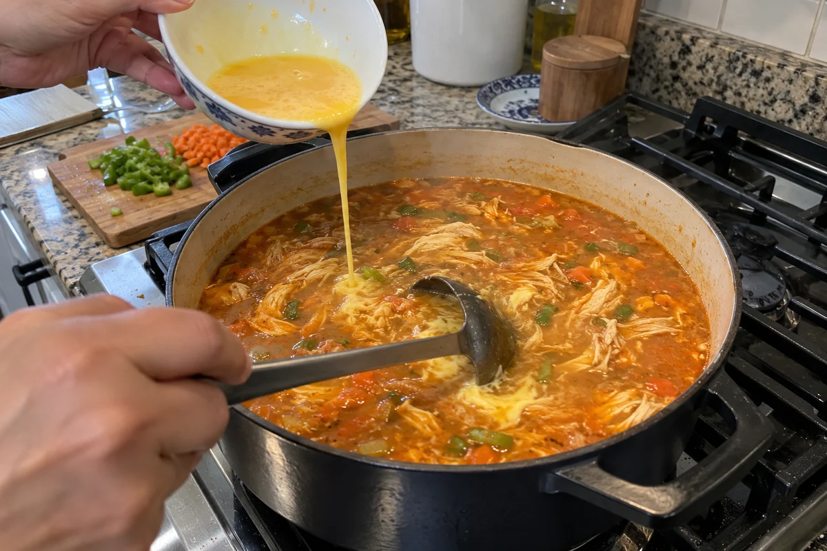Drizzling beaten egg into simmering schezwan chicken soup in a pot to make egg ribbons