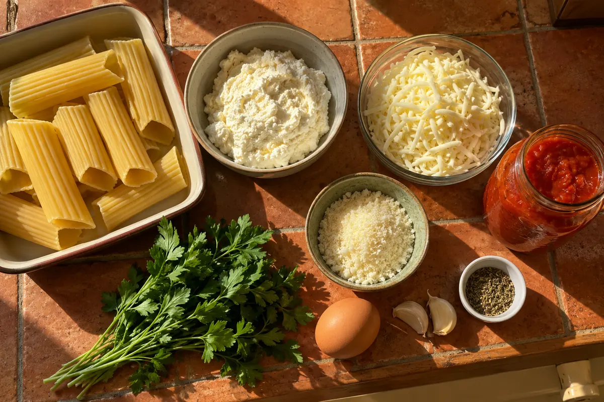 Ingredients for baked cheese manicotti: manicotti shells, ricotta, mozzarella, parmesan, egg, parsley, garlic, Italian seasoning and marinara sauce