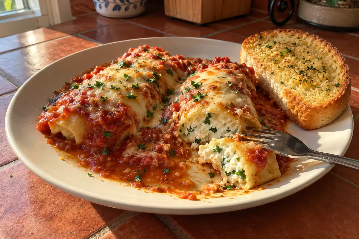 Plate of two cheese manicotti cut open to show the creamy ricotta filling with marinara sauce