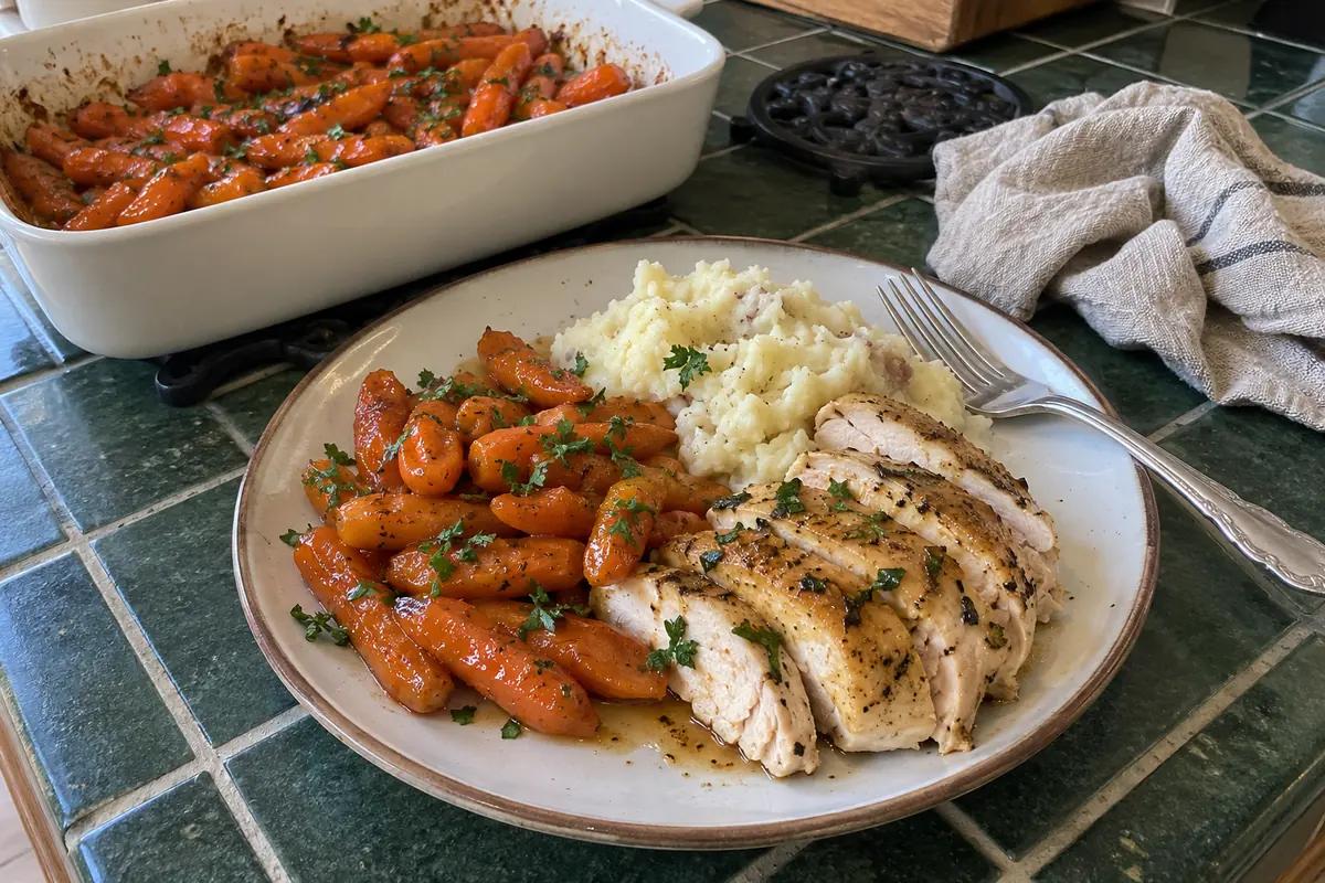 A plate of maple brown sugar glazed carrots served as a side with a spoonful of glaze