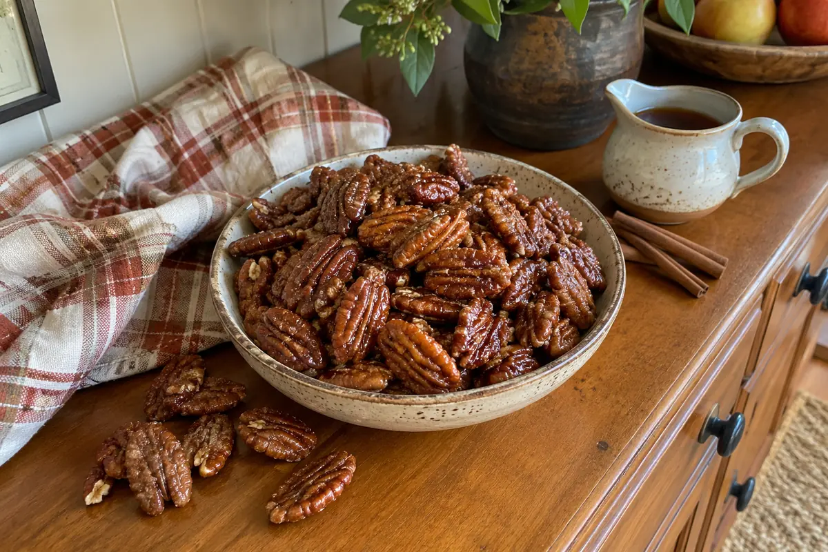 Maple vanilla candied pecans with a glossy cinnamon coating in a bowl