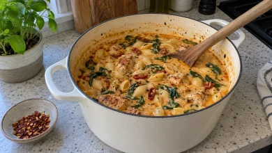 White Dutch oven full of creamy marry me chicken soup with chicken, small shell pasta, spinach and sun-dried tomatoes, with red pepper flakes on the side