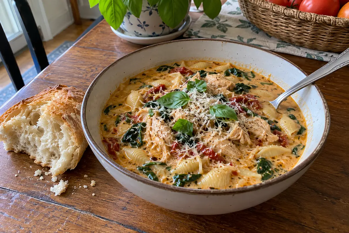 Bowl of marry me chicken soup topped with grated Parmesan and fresh basil, served with crusty bread