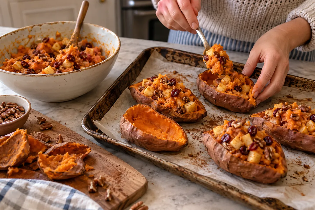 Spiced mashed sweet potato filling with apple and cranberries being spooned into baked sweet potato shells